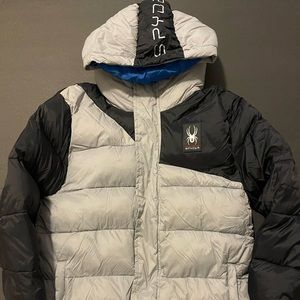 Spyder Winter Puffer Down Coat Grey/Black/Blue Sz Youth Large 14/16